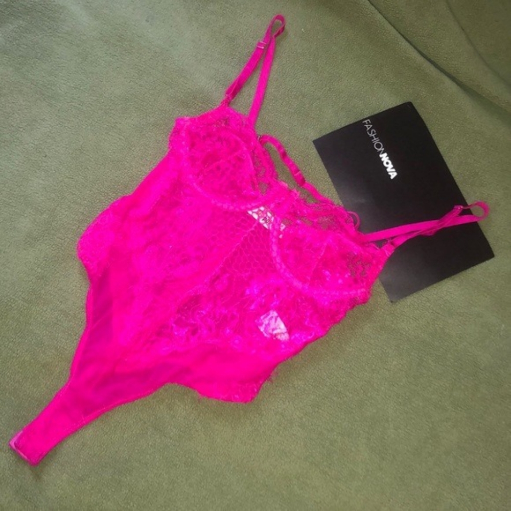 Pink lace thong teddy bodysuit